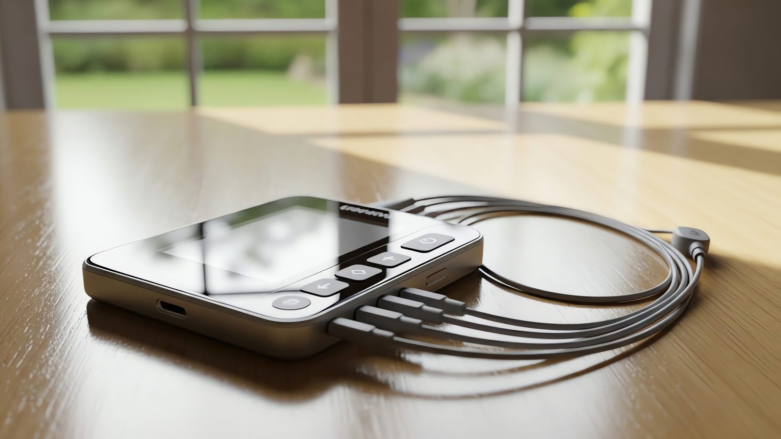 A sleek digital music player rests on a polished wooden surface, connected to a pair of stylish headphones.