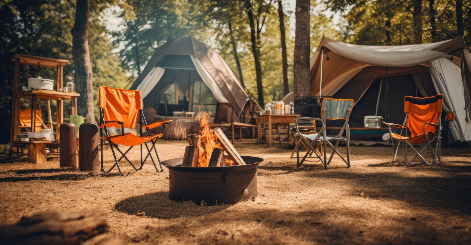 Camping image with two tents on the back and a fire pitch at the center