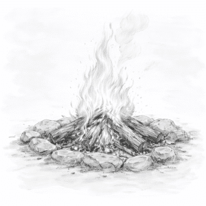 Hand-drawn grayscale illustration of a campfire with logs arranged in a teepee layout, surrounded by stones and burning with visible flames.