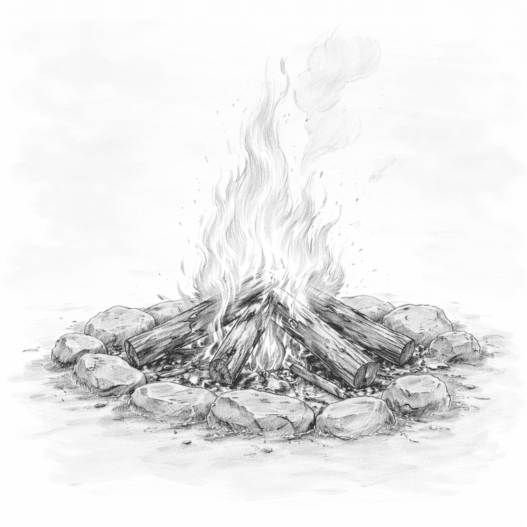 Hand-drawn grayscale illustration of a campfire with logs arranged in a teepee layout, surrounded by stones and burning with visible flames.