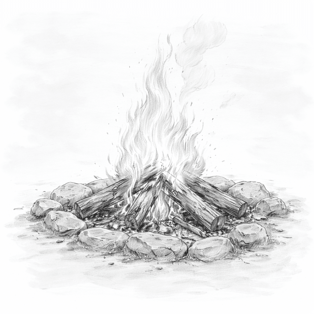 Hand-drawn grayscale illustration of a campfire with logs arranged in a teepee layout, surrounded by stones and burning with visible flames.